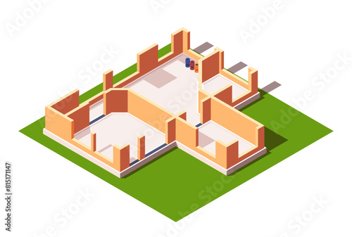 Isometric illustration of a construction site with unfinished walls, concept of architecture. Isometric vector illustration isolated on white background