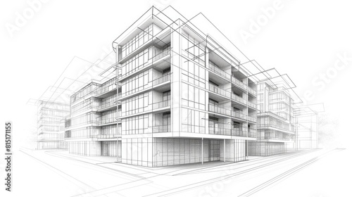 Building Drawing. Three-Dimensional Wireframe Perspective of Architectural Development © Web