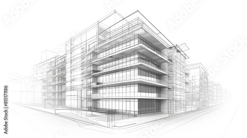 Building Drawing. 3D Wireframe Perspective of Urban Development and Architectural Blueprint