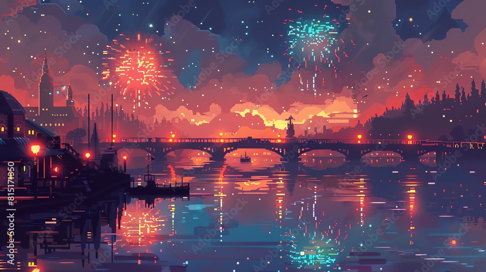 Naklejka premium A beautiful pixel art of a cityscape with a river flowing through it