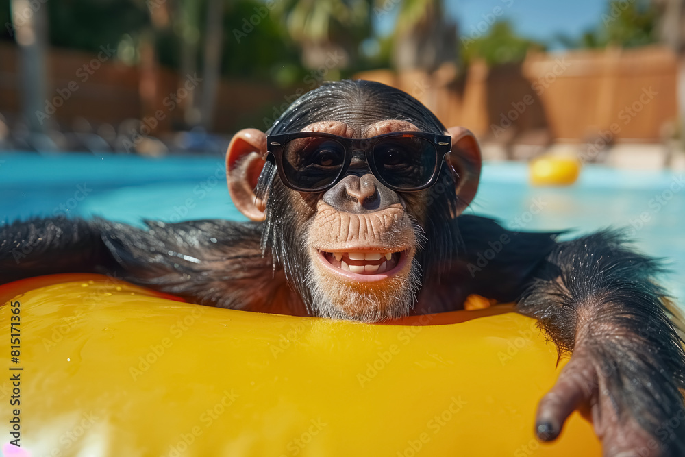 Happy monkey with sunglasses swimming in the pool on an inflatable ...