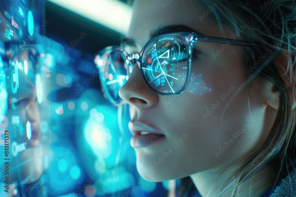 Tech People. Futuristic Woman Working with Cyber Holographic Computer Display Tech People. Futuristic Woman Working with Cyber Holographic Computer Display