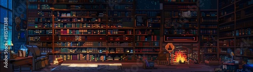 A cozy library with a fireplace, perfect for reading and relaxing © sukrit