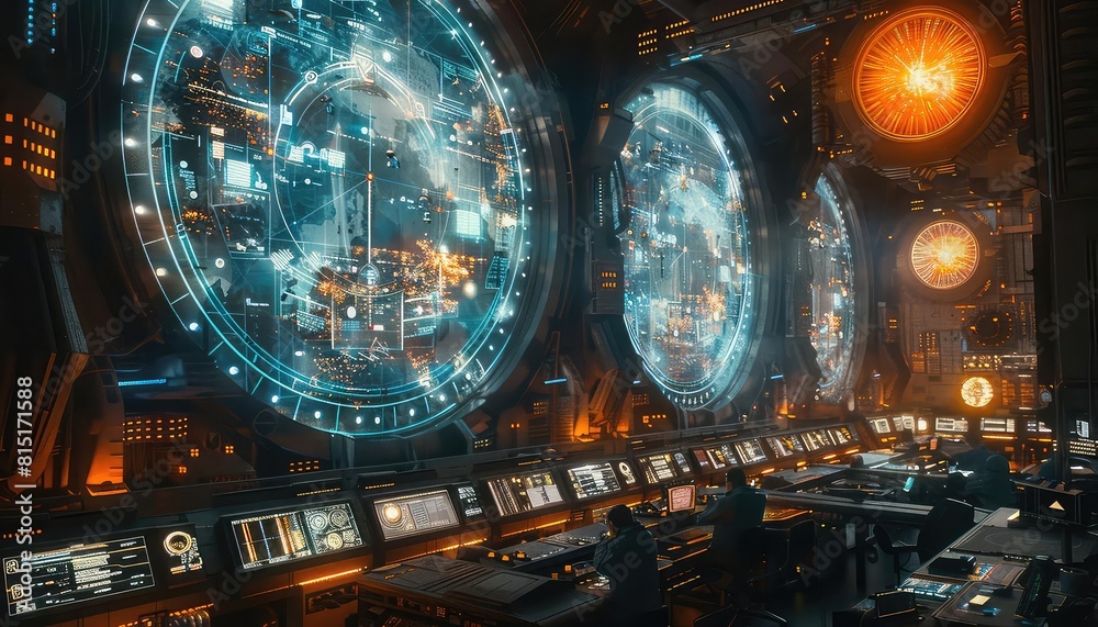 Futuristic command center with a team coordinating a mission, dynamic lighting, wide angle