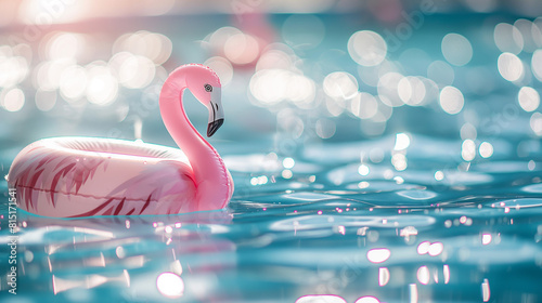 Pink inflatable flamingo floating in a sparkling pool