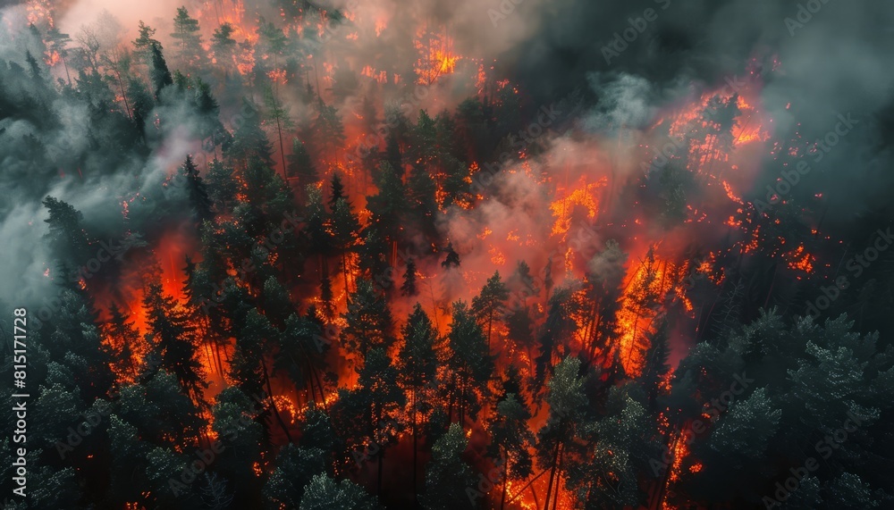 Aerial view of a devastating forest fire at dusk with smoke and flames