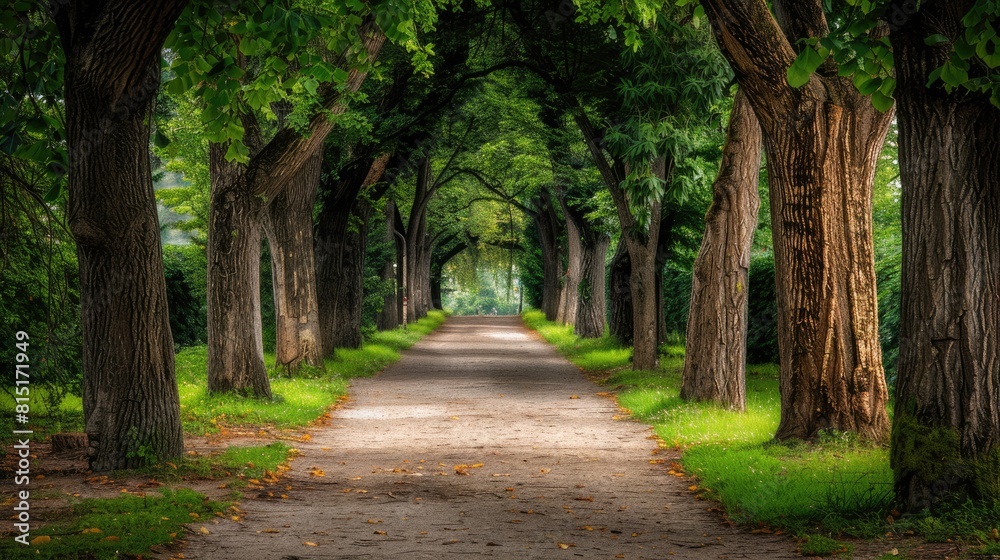 Tree Path in the Park: Scenic Landscape with Green Trees and Footpath Tree Path in the Park: Scenic Landscape with Green Trees and Footpath