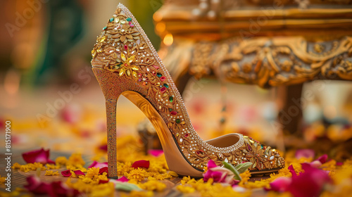 golden high heel sendles with stone and beeds for brides --ar 16:9 --v 6 photo