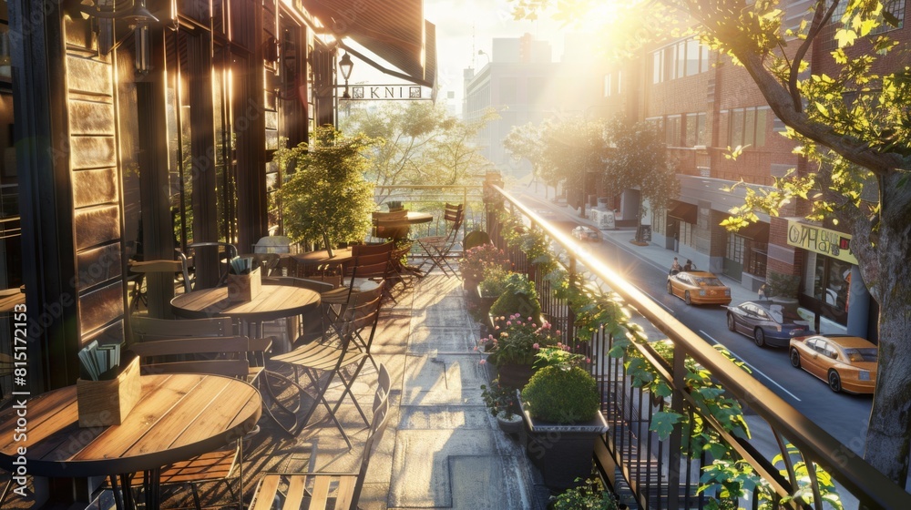 A balcony adorned with tables and chairs providing a view of a bustling city below. A balcony adorned with tables and chairs providing a view of a bustling city below.