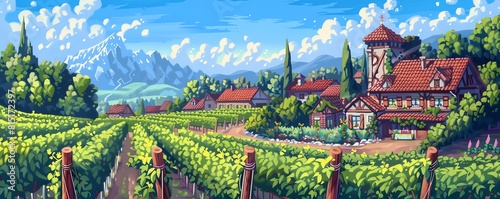 A beautiful pixel art landscape of a vineyard in the countryside photo
