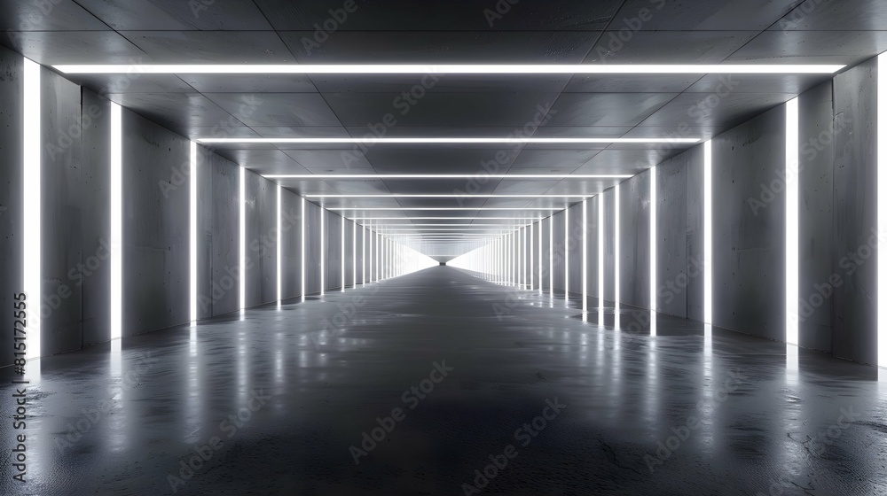 White neon lamps in a dark tunnel. Reflections on the walls. White neon lamps in a dark tunnel. Reflections on the walls.