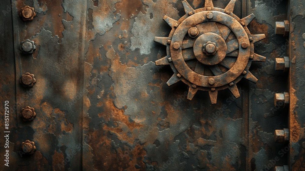 rusty metal door with a round steampunk gear rusty metal door with a round steampunk gear