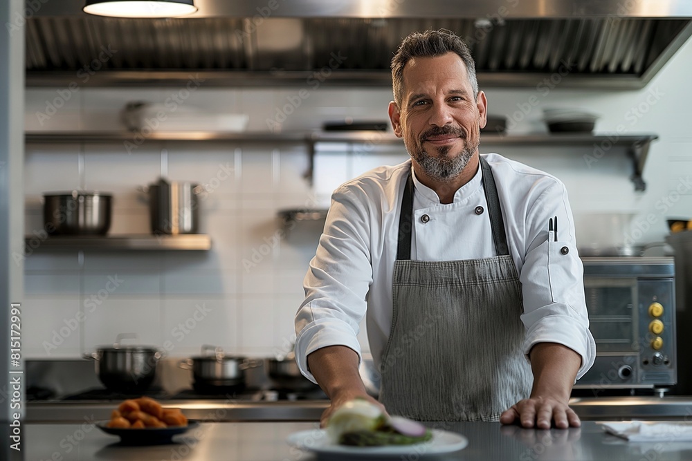 Smiling chef presenting a delicious dish in a restaurant kitchen Smiling chef presenting a delicious dish in a restaurant kitchen