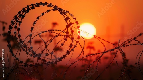 As the sun dipped below the horizon casting a golden hue over the barbed wire fence a symbolic shift occurred What was once a sharp and menacing barrier transformed into a boundary akin to  photo