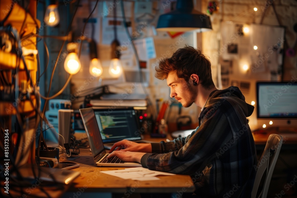 Young male hacker in a dark room working on his computer. Young male hacker in a dark room working on his computer.