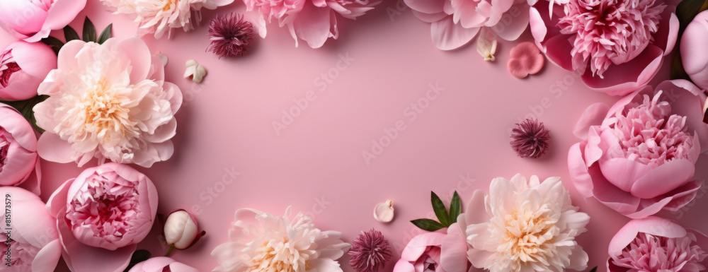 Frame made of beautiful peony flowers on pink background. Flat lay, copy space, summer flowers Frame made of beautiful peony flowers on pink background. Flat lay, copy space, summer flowers