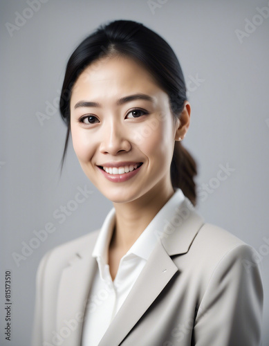 portrait of asian business woman with sincere smile, isolated white background, copy space for text 