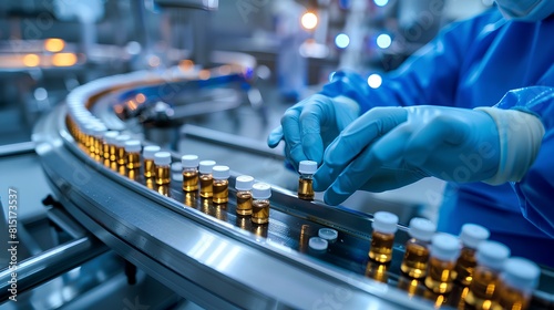 Factory worker wearing protective gloves working on production line in pharmaceutical factory