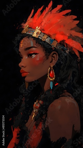 painting of a woman with a headdress and a red feather, african queen, black art, african woman, gorgeous art, beautifully painted, dripping with color, stunning artwork, gorgeous painting, shining go