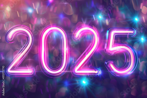 2025 neon numbers, luminous New Year symbol, fluorescent 2025 greeting card, glowing sparkle