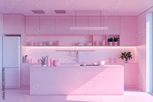 Very simple minimalistic kitchen in pink and white colours photo