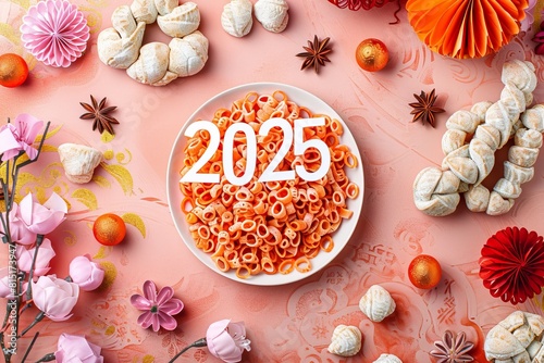 Pasta macaroni 2025 numbers, noodles new year greeting card, spaghetti celebrate banner, pasta eve poster photo