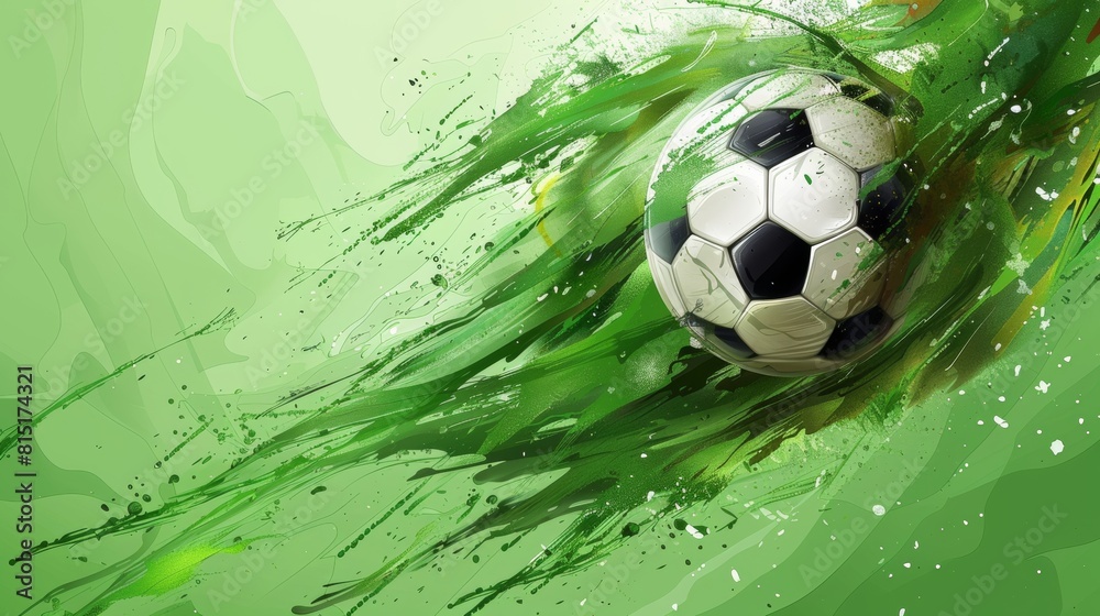 Fototapeta premium Energetic soccer ball illustration with dynamic green paint splashes, capturing motion and vitality