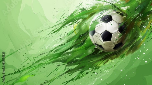 Energetic soccer ball illustration with dynamic green paint splashes  capturing motion and vitality