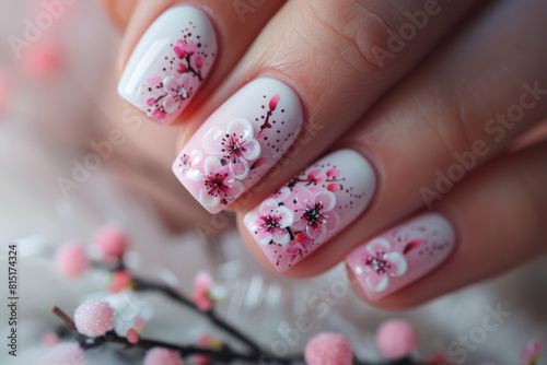 short nails with cherry blossom nail art design, soft pink and white color palette, floral pattern, delicate flowers, natural light, closeup view of the hand, professional photography