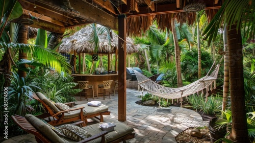 A hammock and lounge chairs set against a lush tropical backdrop  inviting relaxation in a serene environment.