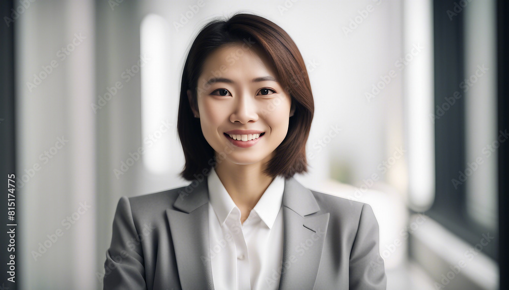 portrait of asian business woman with sincere smile, isolated white background, copy space for text
