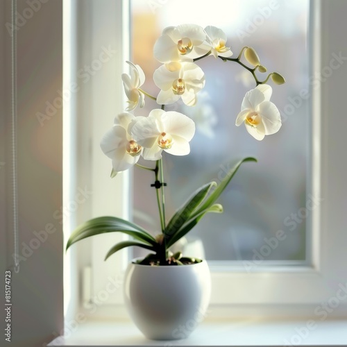 Orchid flower in pot on windowsill  beautiful tropical phalaenopsis  orchid on blurred background