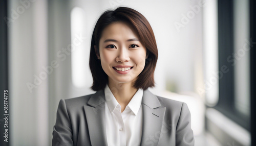 portrait of asian business woman with sincere smile, isolated white background, copy space for text 