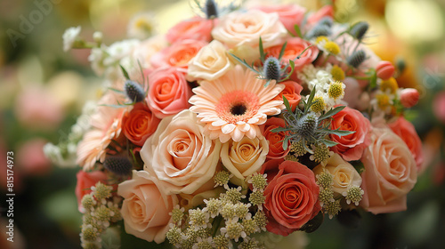 Wedding flowers  bridal bouquet closeup. Decoration made of roses  peonies and decorative plants  close-up  selective focus  nobody  objects