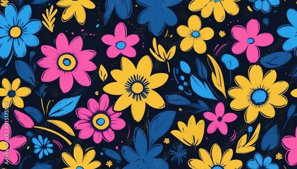Blue, yellow and pink flowers drawn in graffiti style on a dark background created with generative ai. Blue, yellow and pink flowers drawn in graffiti style on a dark background created with generative ai.