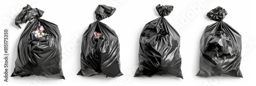 Trash bags set, full plastic garbage containers, polyethylene rubbish bag set, rubbish sack isolated, waste photo