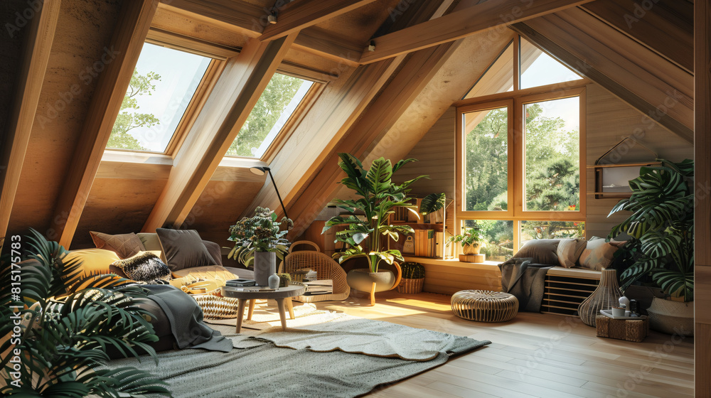 Fototapeta premium Tranquil Hideaway: Hyper-Realistic Cozy Attic Retreat Featuring Sloped Ceilings, Skylights, and Relaxing Seating Area
