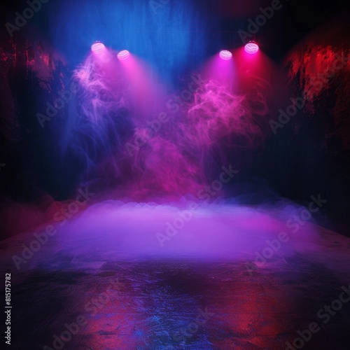 Empty dark stage, neon spotlights, smoke texture background, fog stage interior, showroom