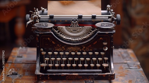 A close-up of a vintage typewriter with paper, set against a dark wooden background with left copy space