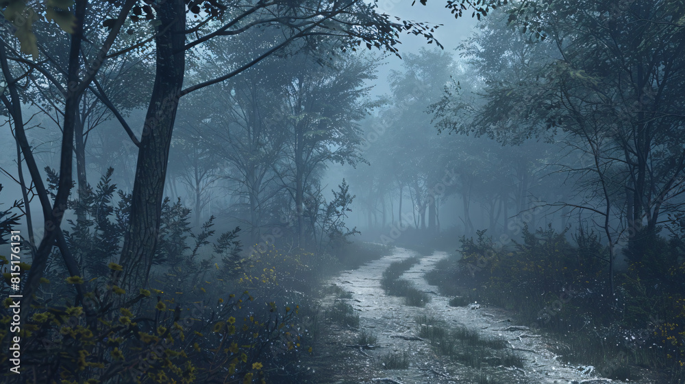 Fototapeta premium Enigmatic Journey: Hyper-Realistic Foggy Forest Path meandering Through Dense Woodland
