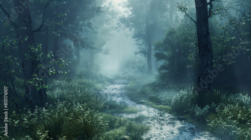Enigmatic Journey: Hyper-Realistic Foggy Forest Path meandering Through Dense Woodland