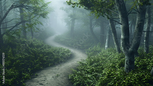 Enigmatic Journey  Hyper-Realistic Foggy Forest Path meandering Through Dense Woodland