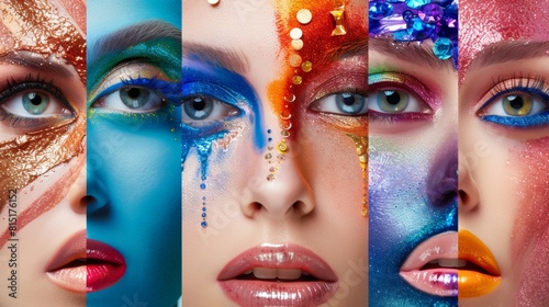 Displaying five unique and artistic makeup looks with vibrant colors and textures in a creative collage © alphaspirit