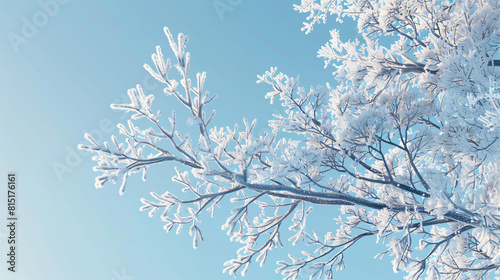 Winter Wonderland: Hyper-Realistic Frosty Tree Branches Adorned with White Frost Against Clear Blue Sky © Dustin