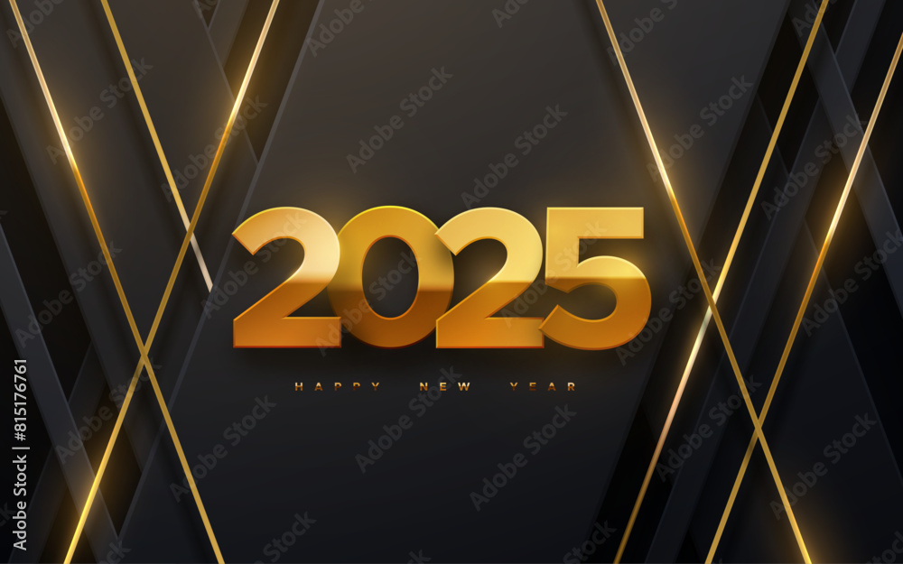 Happy New 2025 Year. Vector holiday illustration of golden numbers 2025 on black geometric