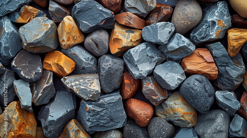 View of a collection of rocks piled together, showing various shapes, sizes, and colors. Each rock is distinct, showcasing textures and patterns in close proximity.