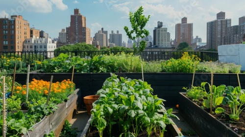 A lush rooftop garden with raised beds full of green plants against an urban backdrop under a clear sky. © Emiliia