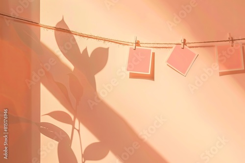 photo cards hanging on a rope with clothespins in real context, close-up, mockup