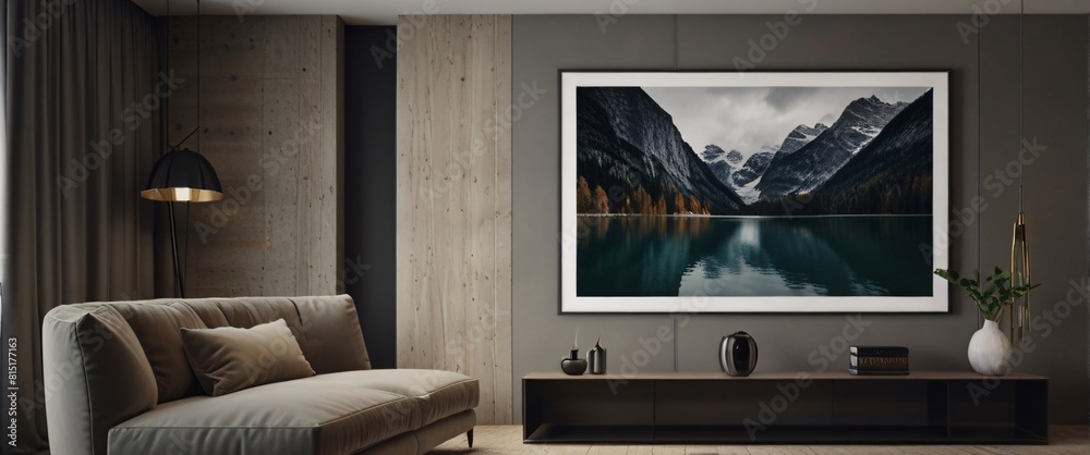 Fototapeta premium mock up poster frame in modern interior background, interior space, living room, Contemporary style, 3D render, 3D illustration, ultrarealistic