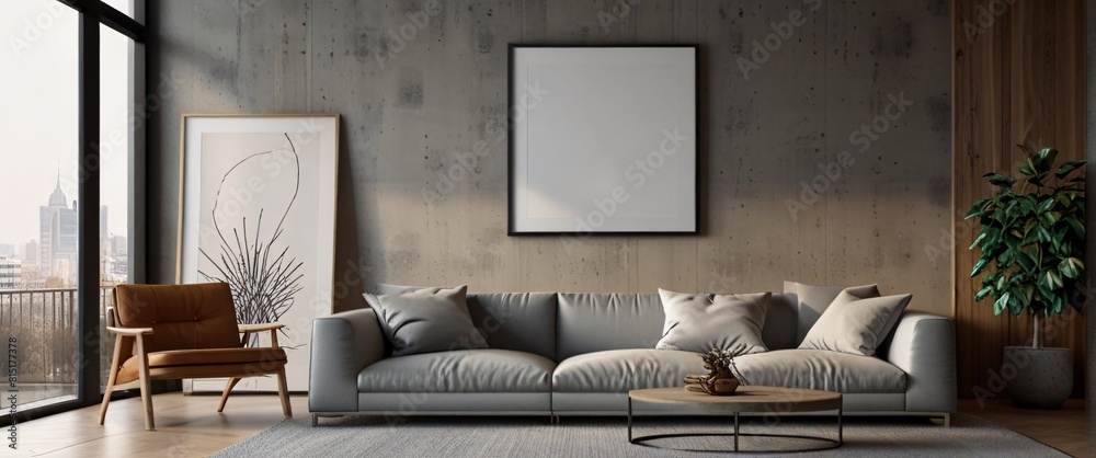 Obraz premium mock up poster frame in modern interior background, interior space, living room, Contemporary style, 3D render, 3D illustration, ultrarealistic
